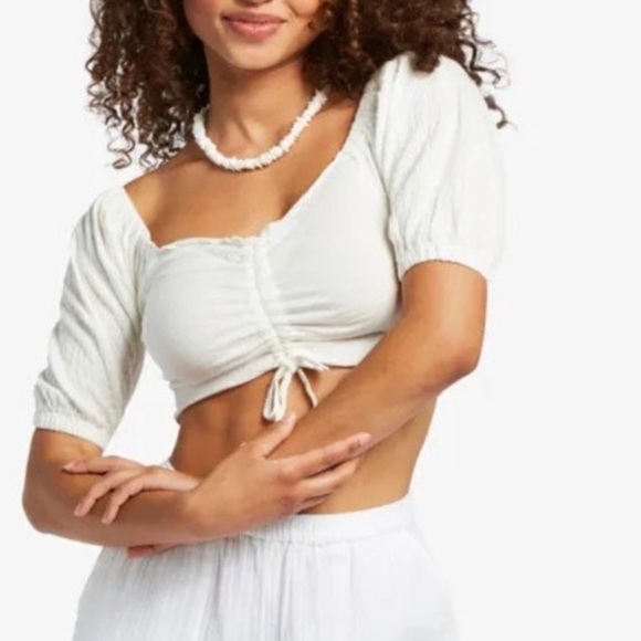 Roxy White Ruched Front Tie Detail Short Sleeve Off Shoulder Blouse Size XXL - Picture 1 of 13